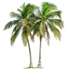 Fototapeta premium Two coconut trees stand isolated against a transparent background, showcasing their lush green leaves and distinct trunks under bright light, coconut trees isolated on transparent background