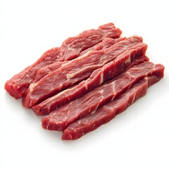 Raw Meat Strips: Strips of raw meat, showcasing their vibrant red hue and the fine marbling that characterizes a cut prepared for culinary purposes. 