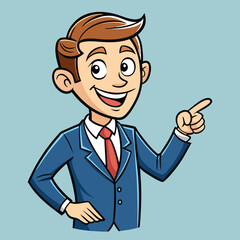 Business man pointing finger at something. Happy face. Hand drawn style vector design illustrations. 