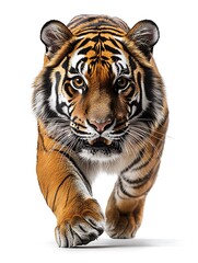 Fototapeta premium Magnificent Tiger: An intense, close-up shot of a majestic tiger walking towards the viewer, displaying its distinctive stripes and piercing gaze. Capturing the power and beauty of the wild.