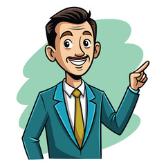 Business man pointing finger at something. Happy face. Hand drawn style vector design illustrations. 