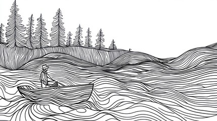 Man Rowing Boat Through Abstract Waves, Forest Background