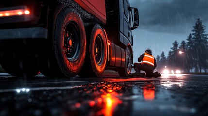 Night Roadside Truck Repair Under Rain