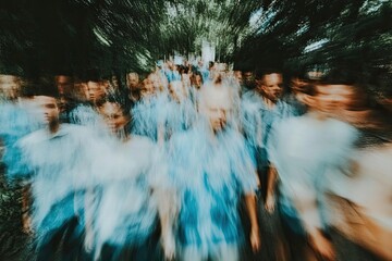 Blurred motion of a crowd moving through a wooded area