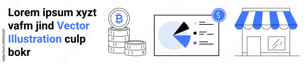 Poster bitcoin stack, financial chart with pie graph and dollar sign, storefront with striped awning. ideal