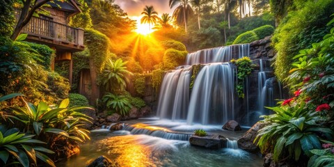 Serene Sunset Waterfall: Lush Tropical Garden, Urban Exploration Photography