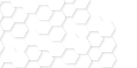 Minimal white hexagonal hexagon modern technology creative emboss light honeycomb polygonal web. abstract geometric science and mosaic tile with template texture background.	