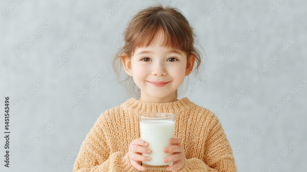 Poster child with joyful expression holds glass of milk in minimalistic setting soft background blurred