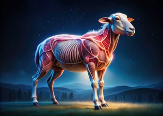 Sheep Anatomy Diagram Night Photography, Ovine Body Parts Diagram, Nocturnal Sheep Illustration, Sheep Skeletal System, Sheep Muscular System, Internal Organs Sheep