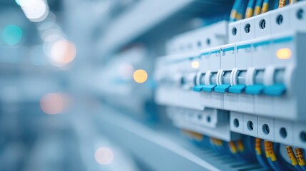 clean minimalistic image featuring detailed tools and wiring against backdrop of blurred workers in action