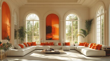 Modern living room with orange accents, large windows, and lush greenery outside (1)