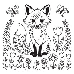 Cute fox coloring page with flowers and butterflies black and white woodland animal illustration
