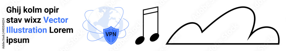 Poster music notes next to a cloud outline and a vpn shield icon with abstract latin text. ideal for techno
