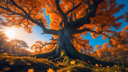 Selbstklebende Fototapeten Majestic old tree with orange leaves in autumn landscape scene © Tina