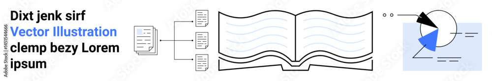Poster linear flow of documents to an open book and a labeled graph visualization. ideal for education, res