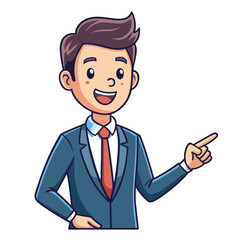 Business man pointing finger at something. Happy face. Hand drawn style vector design illustrations. 