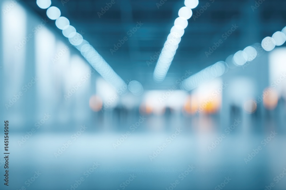 Poster minimalist art exhibition space with blurred figures in background leaving ample copy space for text