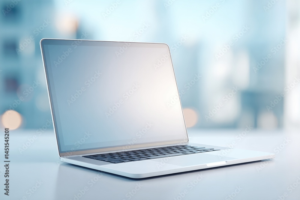 Poster minimalist workspace setup with laptop on simple desk emphasizing clean lines and modernity