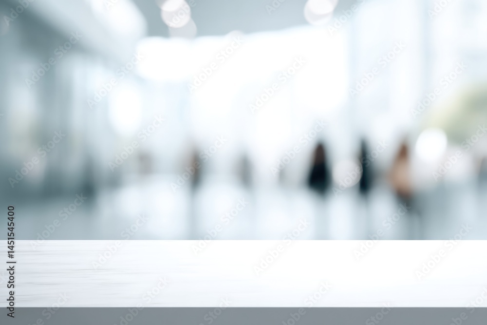 Poster minimalistic empty desk in focus with blurred silhouettes of people softly appearing in background