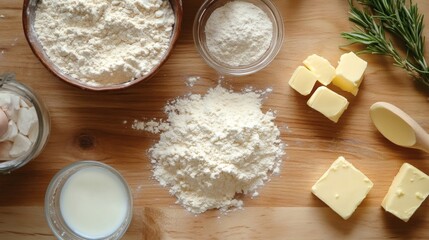 Baking ingredients on wood, overhead view