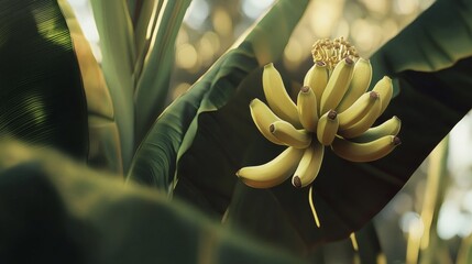 Banana bunch on plant, tropical garden, sunlight, nature