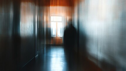 Blurred figure in dark hallway, light from window, mystery. Use Thriller film backdrop