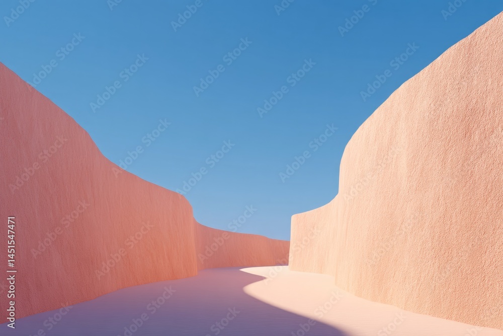 Poster minimalistic photograph of winding maze with high walls shrouded in soft shadows showing complexity 