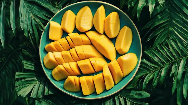 Fresh mango slices on tropical leaves evolve through light changes