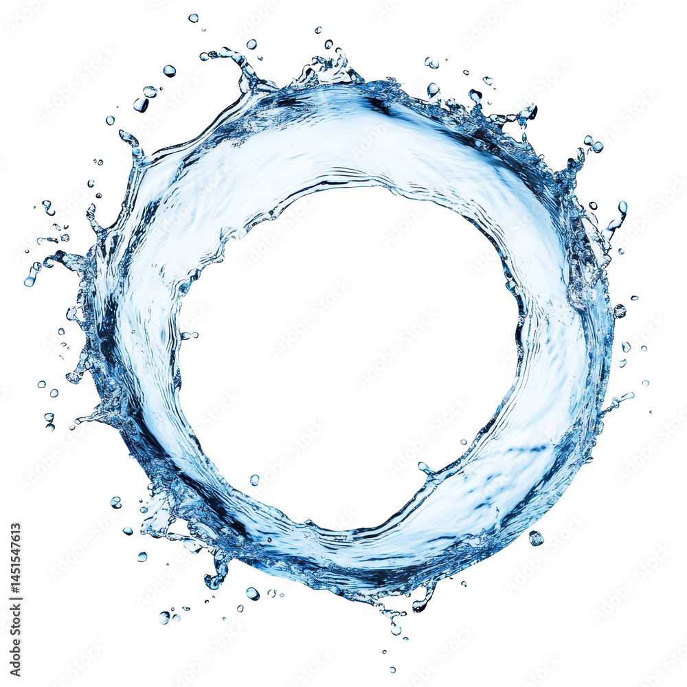 Poster circular splash of water droplets with clear background showcasing dynamic movement of liquid, water