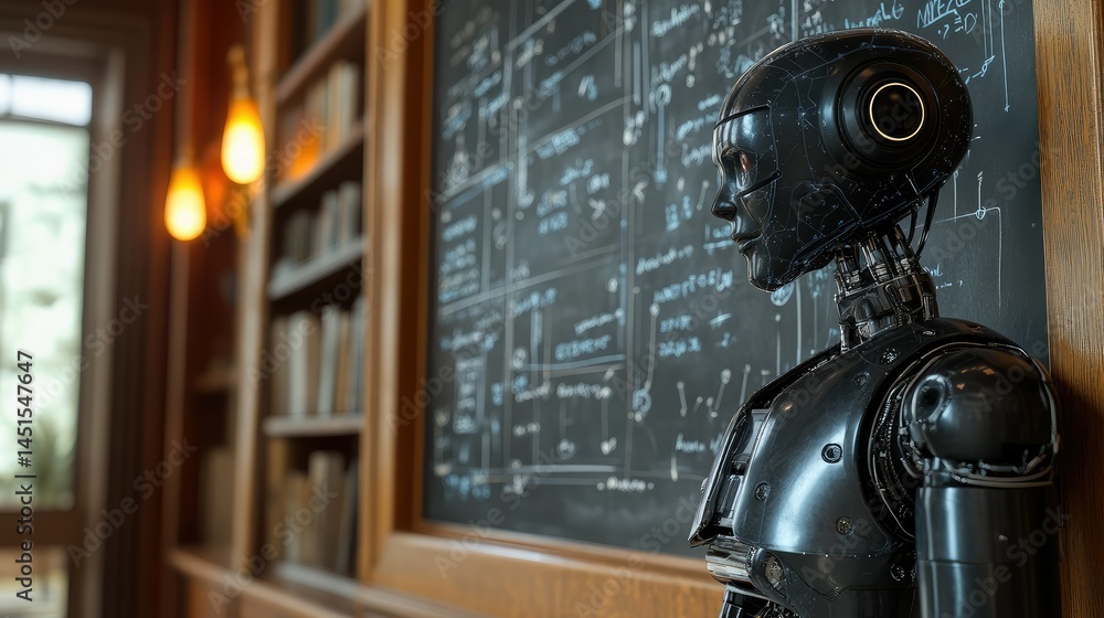 Poster a metallic robot stands beside a chalkboard filled with complex diagrams in a sophisticated library 