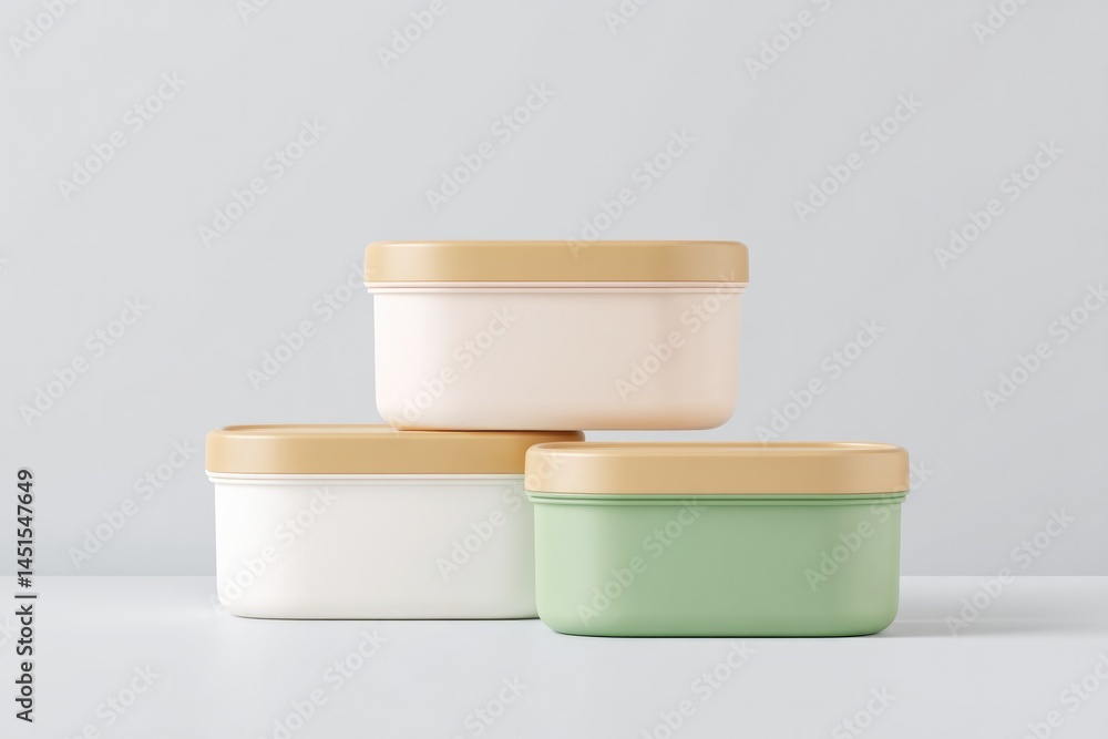Poster minimalistic view of various lunch boxes displayed against light background with ample copy space