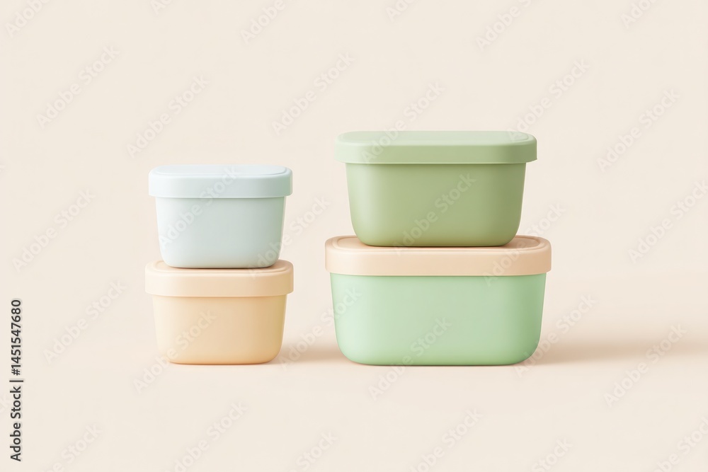 Poster minimalistic view of various lunch boxes displayed against light background with ample copy space