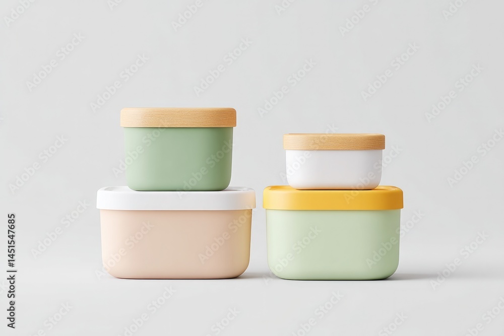 Poster minimalistic view of various lunch boxes displayed against light background with ample copy space