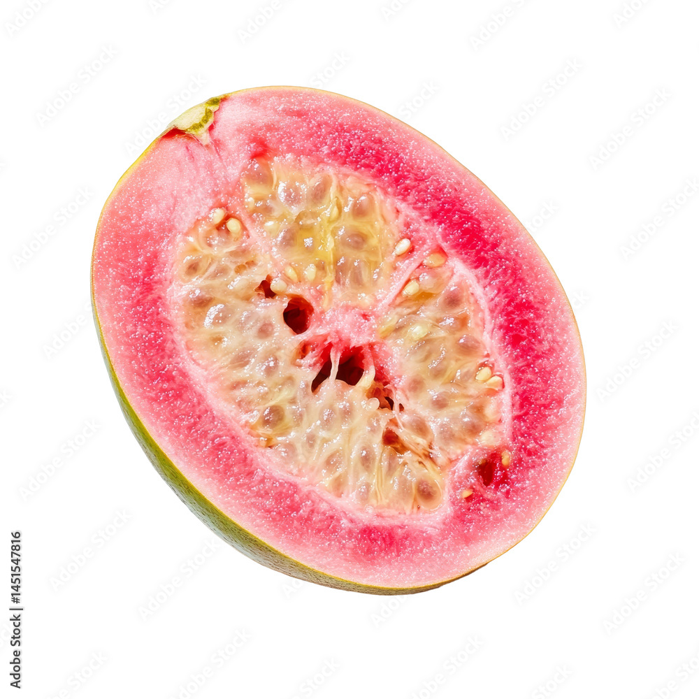 Poster a fresh slice of pink guava on a transparent background highlighting its vibrant color and juicy tex