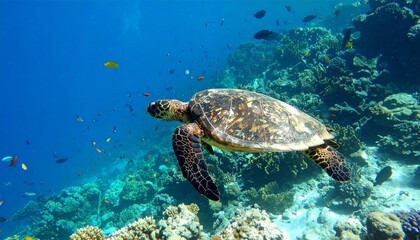 Naklejka premium Sea Turtle Gracefully Swimming Through Vibrant Coral Reef In Clear Blue Ocean