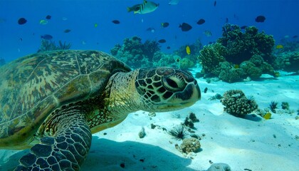 Fototapeta premium Sea Turtle Grazing On Coral Reef Underwater