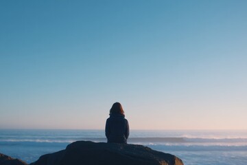 person seated alone on large rock by ocean gazing into horizon distance embodies depth and introspection in their expression