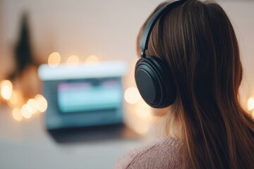 person wearing over-ear headphones facing away sitting in front of laptop displaying digital audio workstation surrounded