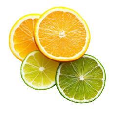 Fototapeta premium Fresh orange, lemon, lime, and bergamot slices arranged neatly on a clean transparent background for culinary use, orange lemon lime bergamot isolated on transparent background