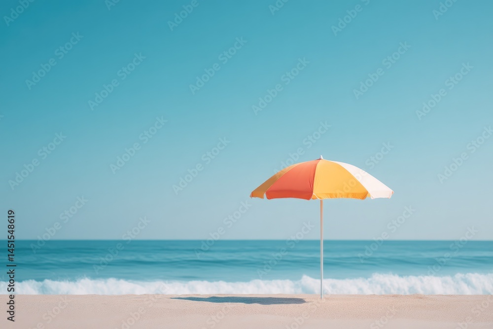 Poster serene minimalistic beach scene with single colorful parasol casting shadow on empty shore