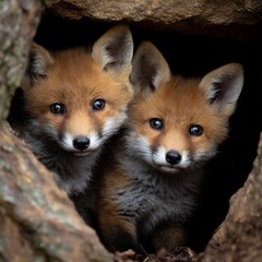 Obraz premium Adorable fox cubs exploring their den, a glimpse into the wild family life