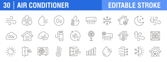 Collection of air conditioner icons. Cooling system, fan, circulation, temperature. Vector design template, signs, symbols, editable stroke.