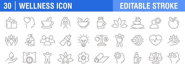 Collection of wellness icons. Meditation, healthcare, yoga, spa. Vector design template, signs, symbols, editable stroke.