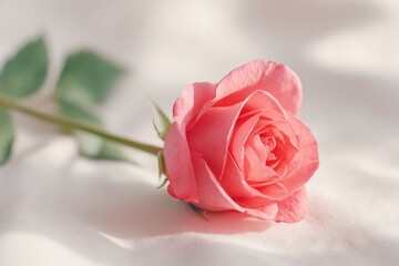 single rose lies gently on crisp white surface in minimalistic composition