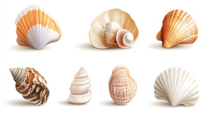 Realistic seashells collection, various shapes and colors