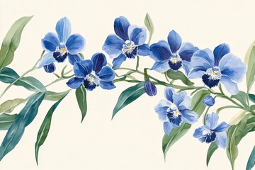 Plakat Delicate blossoms of blue orchids on a light background.