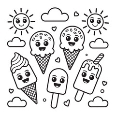 Cute ice cream and popsicle coloring page with smiling suns and clouds black and white summer treats