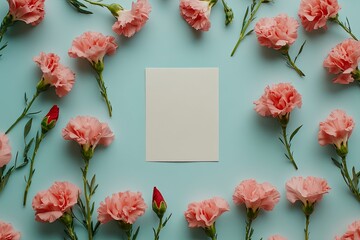 Carnation Flower with Card on Blue Background
