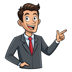 Business man pointing finger at something. Happy face. Hand drawn style vector design illustrations. 