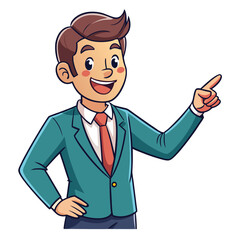 Business man pointing finger at something. Happy face. Hand drawn style vector design illustrations. 